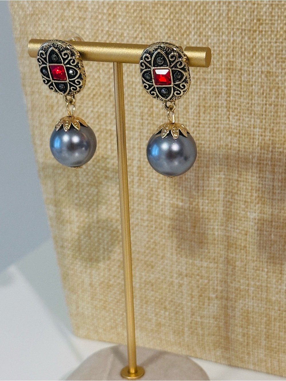 Fashion Jewelry Gold-Tone Earrings with Red Crystal and Gray Pearl Drops